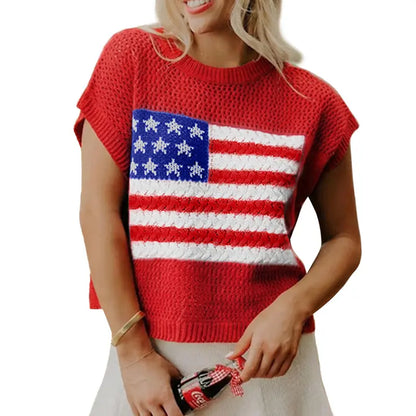 Women's American Flag Knit Top – Patriotic 4th of July Summer Sweater Vest