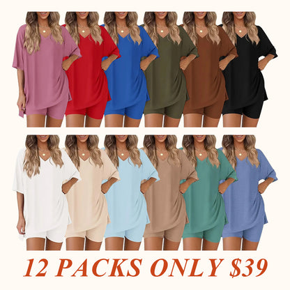 V Neck 2 Piece Sets for Women Summer Lounge Short Set Spring Matching Biker Shorts Oversized Shirt Clothing