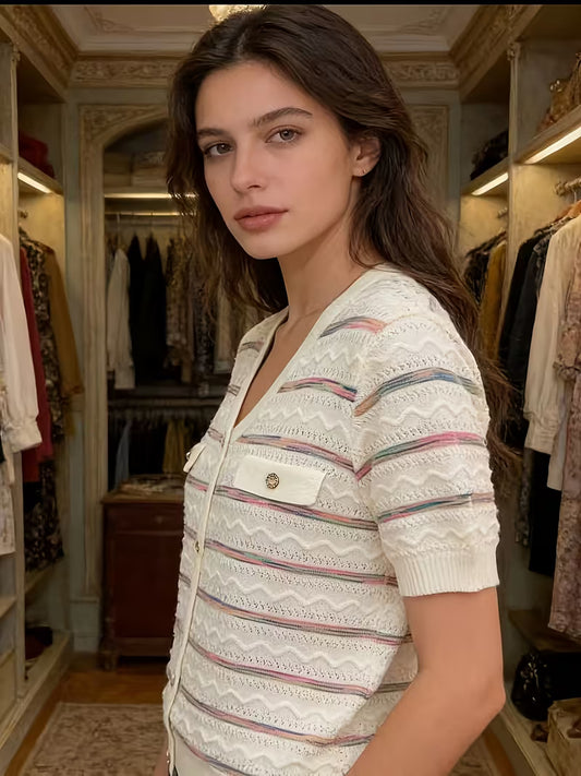 European And American Small Fragrance Style Striped Fashion Button V-Neck Short Sleeve Top