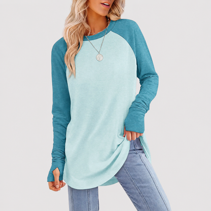 Women's Long Sleeve Tunic Top – Round Neck, Curved Hem & Thumb Holes