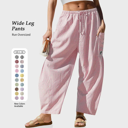 Womens Wide Leg Gingham Striped Plaid Pants with Pockets