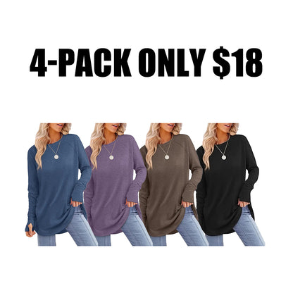 Women's Long Sleeve Tunic Top – Round Neck, Curved Hem & Thumb Holes