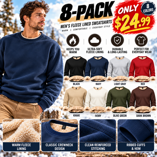 🔥 BESTSELLER | 8PCS $24.99 |Men's Fitted Crewneck Fleece Lined Sweatshirt, Wind Resistant Polyester Athletic Pullover, Casual Fashion Active Tops