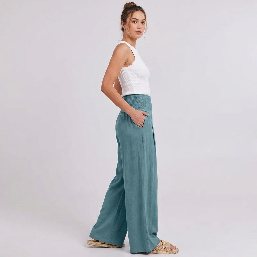 Women‘s Linen Palazzo Pants Summer Boho Wide Leg High Waist Casual Lounge Pant Beach Travel Comfortable Vacation