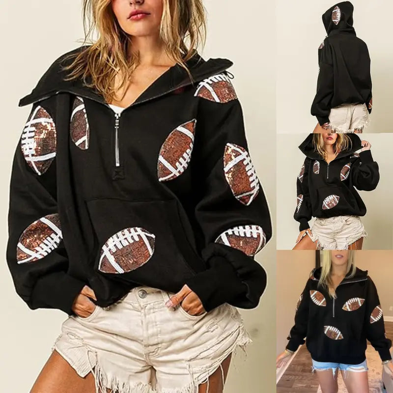 Women's Oversized Game Day Hoodie Casual Long‑Sleeve Half‑Zip Pullover with Sequin Football Print Kangaroo Pocket