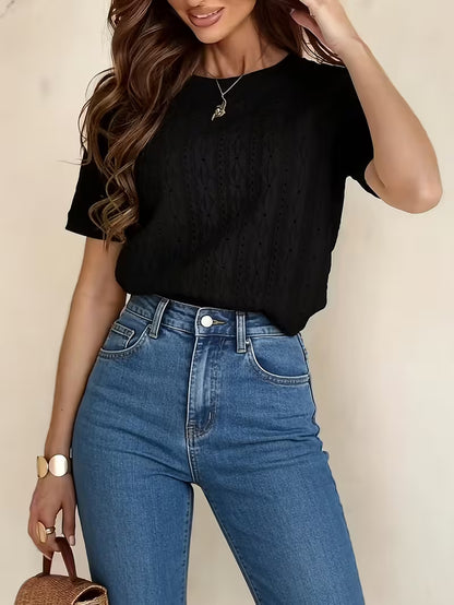 2026 Spring/Summer New Commuter Textured Jacquard Hollow Short-Sleeve Round-Neck T-Shirt, Casual And Minimalist Women'S Top