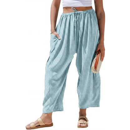 Womens Wide Leg Gingham Striped Plaid Pants with Pockets