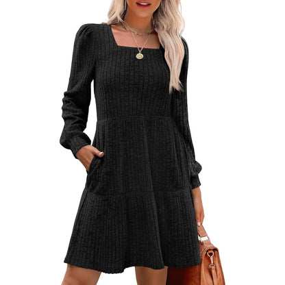 Square Neck Long Sleeve Babydoll Sweater Dress