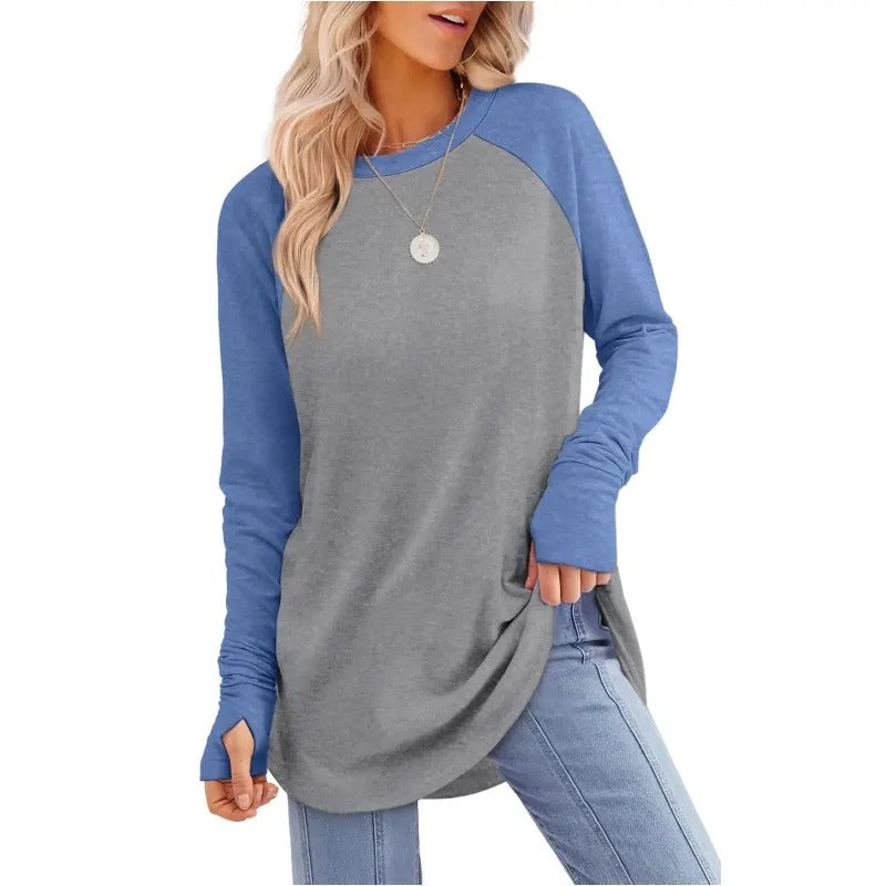 Women's Long Sleeve Tunic Top – Round Neck, Curved Hem & Thumb Holes