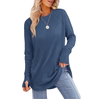 Women's Long Sleeve Tunic Top – Round Neck, Curved Hem & Thumb Holes
