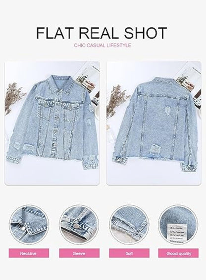 🔥Last day promotion⏰—Womens Washed Crop Denim Jacket With Pockets