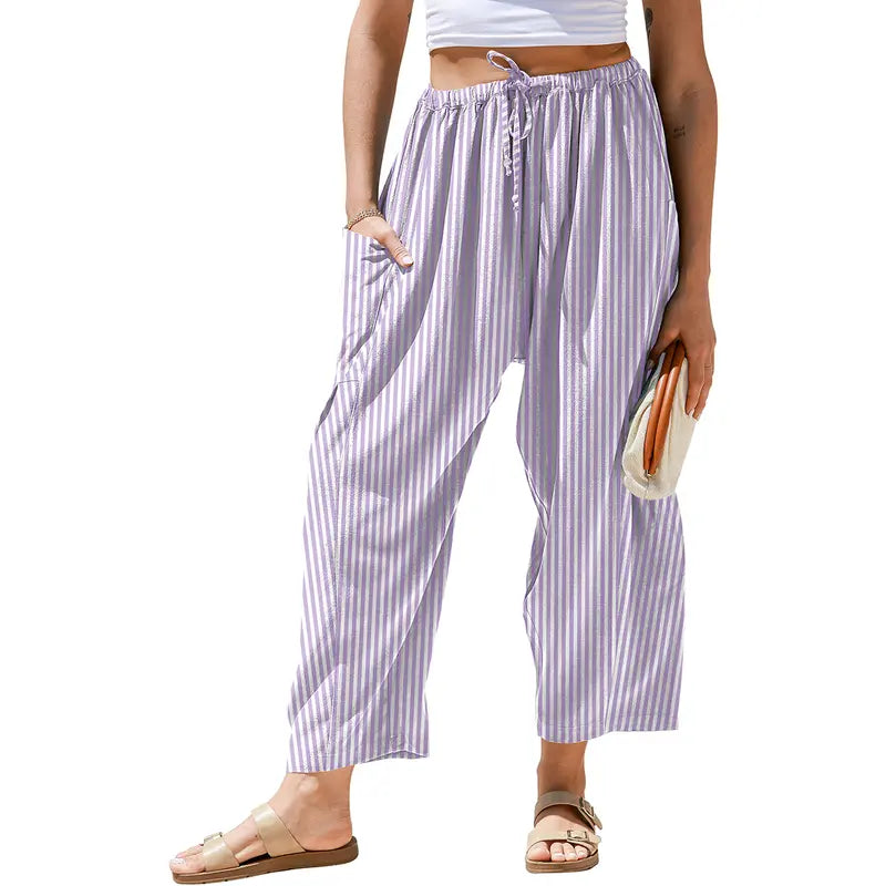 Womens Wide Leg Gingham Striped Plaid Pants with Pockets