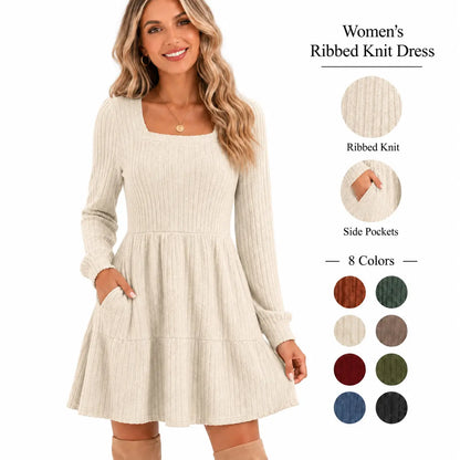 Square Neck Long Sleeve Babydoll Sweater Dress