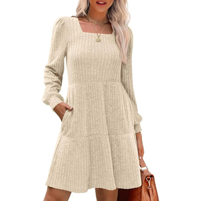 Square Neck Long Sleeve Babydoll Sweater Dress