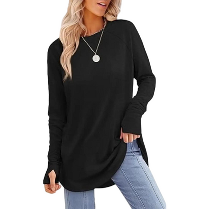 Women's Long Sleeve Tunic Top – Round Neck, Curved Hem & Thumb Holes