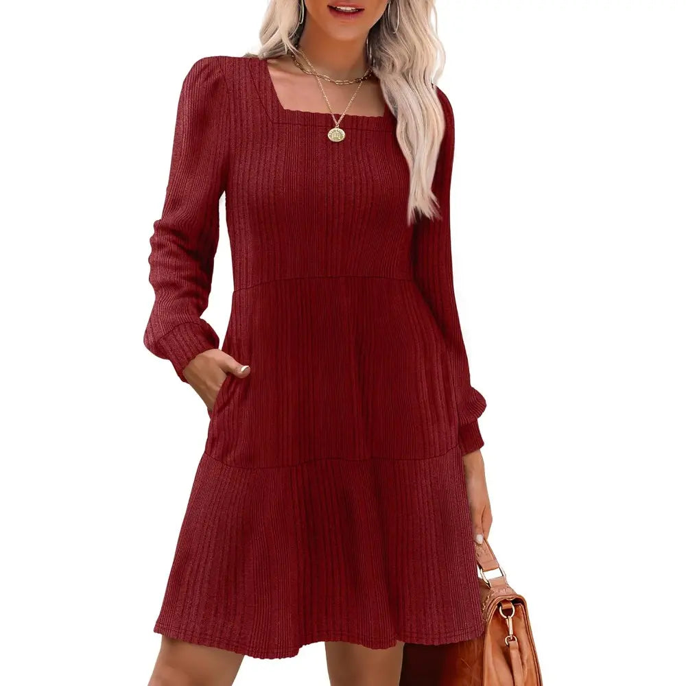 Square Neck Long Sleeve Babydoll Sweater Dress
