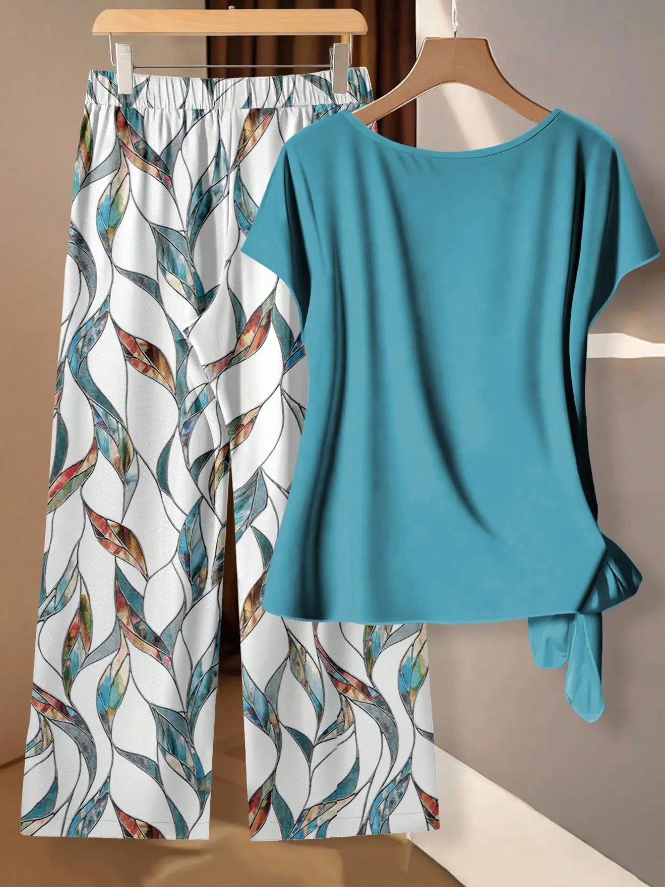 Women's Casual Printed Necktie Shirt and Loose Straight Pants Two-Piece Set