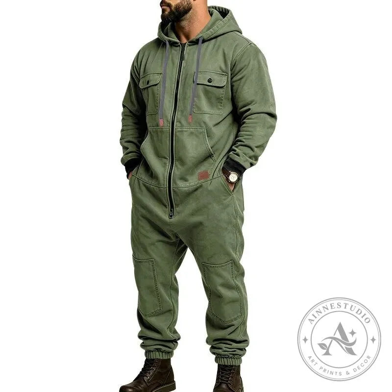 Men’s Heavy Duty Workwear Jumpsuit with Multi-Pocket Design and Full-Zip Closure