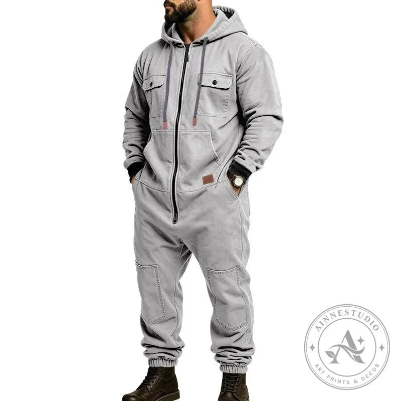 Men’s Heavy Duty Workwear Jumpsuit with Multi-Pocket Design and Full-Zip Closure